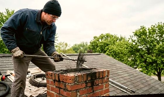 Sweep running a brush through a brick chimney amid Montclair treetops