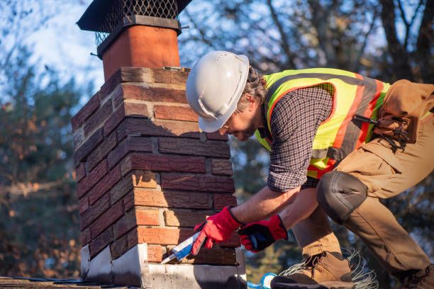 Technician sealing the base of a capped chimney at the roofline