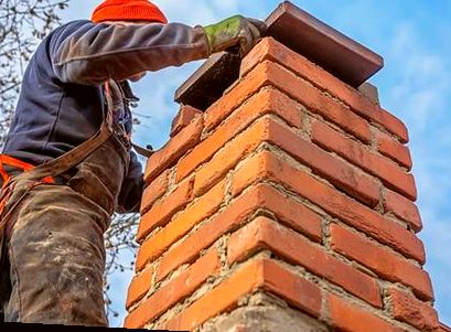 Mason setting a stone atop weathered chimney brickwork